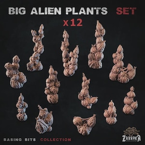 Könnte beinhalten: Ein Set aus 12 braunen, unbemalten Miniatur-Alienpflanzen-Skulpturen für Bases. Der Text BIG ALIEN PLANTS SET x12 und BASING BITS COLLECTION ist sichtbar. Jedes Teil zeigt Ansammlungen von knolligen, texturierten organischen Formen in verschiedenen Größen.