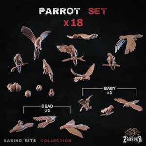 Pode incluir: Uma coleção de 18 figuras de papagaios castanhos em várias poses, incluindo papagaios voando e empoleirados, papagaios bebês, ovos e figuras de papagaios mortos. O texto "PARROT SET x18" e "BASING BITS COLLECTION" são exibidos.