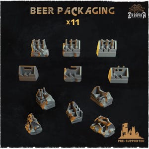 Peut inclure: Plusieurs supports gris pour bouteilles de bière, certains contenant des bouteilles. Le texte "BEER PACKAGING x11" est en haut. Le texte "PRE-SUPPORTED" est en bas à droite.