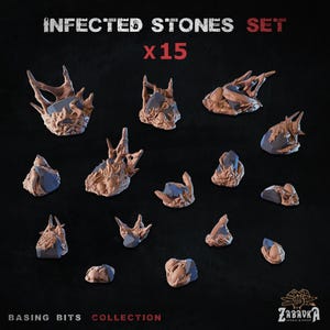 May include: A collection of fifteen miniature "Infected Stones". The stones are tan with textured surfaces and blue-grey details. The text "INFECTED STONES SET x15" is at the top. The text "BASING BITS COLLECTION" is at the bottom.