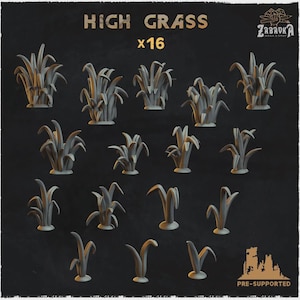 May include: A set of 16 grey miniature high grass clusters for tabletop gaming. The collection features various sizes and shapes of sculpted grass blades on small circular bases. The image includes the text HIGH GRASS x16, ZABAVKA, and PRE-SUPPORTED.