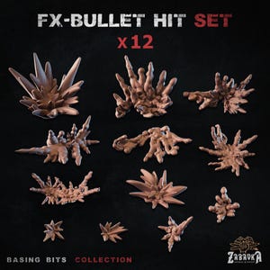 Könnte beinhalten: Ein Set aus zwölf braunen, stilisierten Einschuss-Effekten für die Miniaturbasis. Der Text "FX-BULLET HIT SET x12" steht oben. Der Text "BASING BITS COLLECTION" steht unten.
