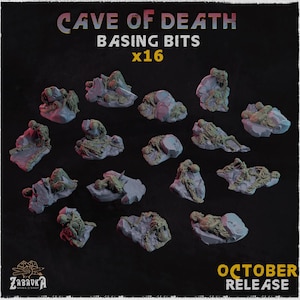 Peut inclure: Ensemble de seize éléments de base gris, chacun représentant une formation rocheuse avec un squelette et de la mousse verte. Le texte "CAVE OF DEATH BASING BITS x16" est en haut, avec "OCTOBER RELEASE" en bas. Le logo Zabavka est en bas à gauche.