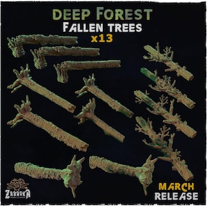 May include: A collection of 13 fallen tree models, with a textured, bark-like appearance. The text "DEEP FOREST FALLEN TREES" and "MARCH RELEASE" are visible. The models are in various shapes and sizes, with a dark background.