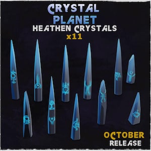 Peut inclure: Illustration de onze cristaux gris foncé stylisés avec des glyphes bleus lumineux et des pointes. Le texte "CRYSTAL PLANET HEATHEN CRYSTALS x11" est en haut, avec "OCTOBER RELEASE" en bas.