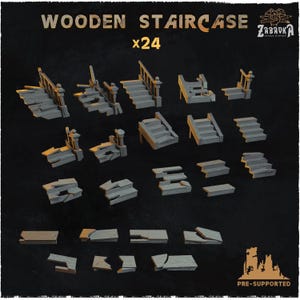 May include: A collection of 24 wooden staircase models in various designs, including complete and broken staircases, with the text "WOODEN STAIRCASE x24". The models are in shades of gray and brown, suitable for miniature gaming or model building.