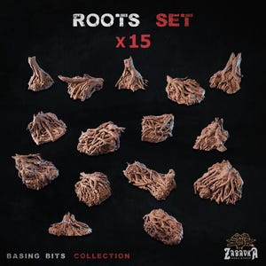 May include: A set of fifteen brown, detailed miniature root structures for basing models. The text "ROOTS SET x15" is displayed at the top, with "BASING BITS COLLECTION" at the bottom. The Zabavka logo is in the bottom right corner.