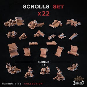 Puede incluir: Un conjunto de 22 miniaturas de pergaminos marrones y 5 miniaturas de fuego ardiendo. El texto "SCROLLS SET x22" está en la parte superior y "BURNING x5" en el medio. El texto inferior dice "BASING BITS COLLECTION".