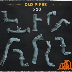 May include: A set of ten grey, weathered, and damaged industrial pipes in various shapes and configurations. The text OLD PIPES x 10 is displayed at the top, and the text PRE-SUPPORTED is located in the bottom right corner of the image.
