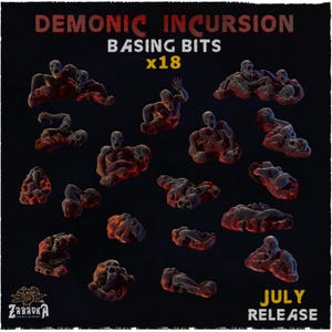 Könnte beinhalten: Achtzehn Miniatur-Basing-Bits mit dem Titel Demonic Incursion, die graue humanoide Figuren zeigen, welche aus einem rot glühenden, lavaartigen Untergrund hervorgehen. Das Set enthält verschiedene Posen mit offenen Mündern und ausgestreckten Armen.