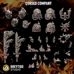 May include: A selection of grey miniature fantasy game pieces, including skulls, helmets, flames, a sword, and a shield. The pieces appear to be made of plastic. The text "CURSED COMPANY" is at the top, and "GREYTIDE STUDIO" is at the bottom.