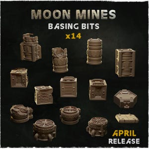Könnte beinhalten: Vierzehn braune Miniatur-Basing-Bits mit der Aufschrift Moon Mines Basing Bits. Das Set enthält verschiedene industriell gestaltete Objekte wie zylindrische Behälter, quadratische Kisten, kreisförmige Lüftungsschlitze und mechanische Teile.
