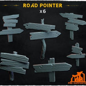 Könnte beinhalten: Sechs graue Holzwegweiser mit Pfeil- und Plankendesigns. Die Schilder sind verwittert und wirken gealtert, mit sichtbarer Holzmaserung und einer rustikalen Ästhetik. Der Text "ROAD POINTER x6" befindet sich oben im Bild.