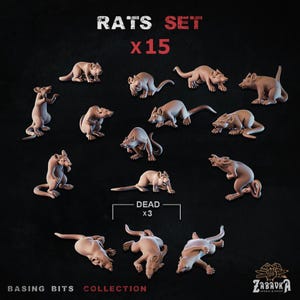 Pode incluir: Um conjunto de 15 figuras de ratos castanhos, com 3 rotulados como "DEAD". O texto "RATS SET x15" está no topo e "BASING BITS COLLECTION" na parte inferior. Os ratos estão em várias poses, alguns em pé, outros rastejando.