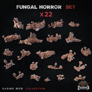 Peut inclure: Ensemble de 22 modèles miniatures d'horreur fongique de différentes formes et tailles. Les modèles sont de couleur marron clair et semblent être faits de résine ou d'un matériau similaire. Le texte "FUNGAL HORROR SET" et "x22" est visible en haut de l'image.