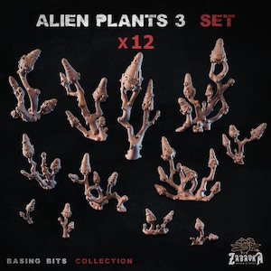 May include: A set of twelve brown alien plant models with unique, textured designs. The image includes the text "ALIEN PLANTS 3 SET x12" and "BASING BITS COLLECTION". The plants have a variety of shapes and sizes, suitable for miniature gaming or crafting.