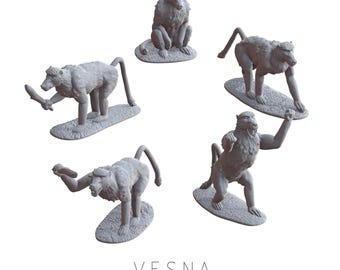 5x Chacma Baboons Basing Bits | 28mm 32mm Tabletop Terrain Miniature Diorama Scenery Jungle Wildlife Primate Animal Ape | Vesna Sculpts
