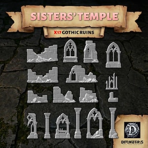 Pode incluir: Um conjunto de 17 ruínas góticas em miniatura cinzentas rotuladas como Sisters' Temple. A coleção inclui vários segmentos de paredes de pedra, molduras de janelas arqueadas e pilares com bordas desgastadas, concebidos para cenários de jogos.