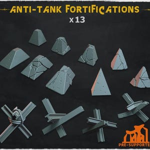 May include: A set of 13 grey anti-tank fortifications including pyramid-shaped concrete blocks with cracked textures and metal Czech hedgehog obstacles. The image features the text ANTI-TANK FORTIFICATIONS x13 and PRE-SUPPORTED.