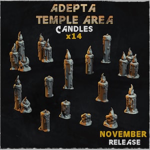 Peut inclure: Une collection de 14 bougies grises avec des détails de cire fondue, disposées sur un fond sombre. Le texte "ADEPTA TEMPLE AREA CANDLES x14" est en haut, avec "NOVEMBER RELEASE" en bas.