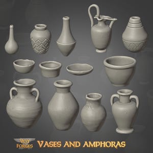 May include: A collection of gray ceramic vases and amphoras in various shapes and sizes. The assortment includes small bowls, a pitcher with a handle, and vases with decorative patterns. The text "Vases and Amphoras" is displayed at the bottom.