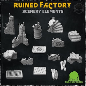 May include: A collection of pre-supported, gray-colored Ruined Factory scenery elements. The set includes various architectural fragments, such as broken walls, stairs, a barrel, and metal grates, ideal for tabletop gaming or model building.