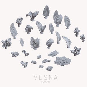 May include: An assortment of gray, 3D-printed botanical sculptures, including various leaf and floral designs. The sculptures are arranged on a white background. The text "VESNA SCULPTS" is at the bottom.