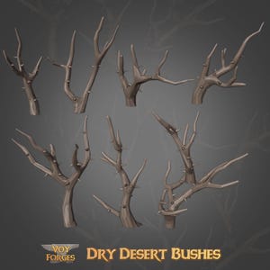 Peut inclure: Collection de sept arbustes stylisés du désert sec avec des branches épineuses. Les arbustes sont de formes et de tailles variées, rendus dans des tons bruns et gris. Le texte "DRY DESERT BUSHES" est affiché en dessous.