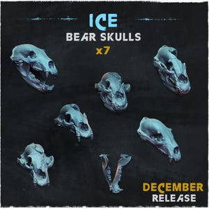 May include: Seven ice-blue bear skull models are displayed against a dark background. The text "ICE BEAR SKULLS x7" is at the top, with "DECEMBER RELEASE" at the bottom. The skulls vary in orientation, showcasing their detailed bone structure.