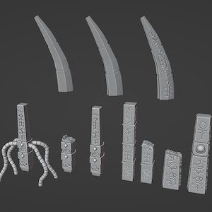 Pode incluir: Uma coleção de objetos cinzentos, geométricos, impressos em 3D. Os objetos incluem formas curvas semelhantes a chifres e vários pilares retangulares com símbolos e padrões gravados. Alguns pilares são empilhados ou têm apêndices anexados.