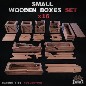 Peut inclure: Un ensemble de seize petites boîtes et planches en bois marron. Les boîtes sont dans divers états, certaines intactes, d'autres cassées ou endommagées. Le texte "SMALL WOODEN BOXES SET x16" est en haut. Les mots "BASING BITS COLLECTION" sont en bas.