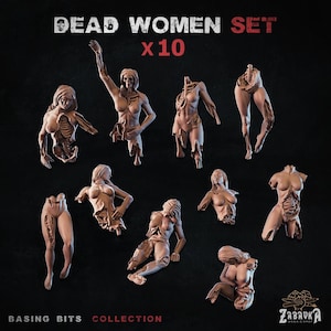 May include: A collection of ten miniature female figures, sculpted in a light brown hue, with visible skeletal and internal details. The text "DEAD WOMEN SET X10" is at the top, and "BASING BITS COLLECTION" is at the bottom.