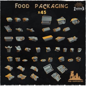 May include: An assortment of 45 gray food packaging containers, including boxes, trays, and cups, are displayed against a dark background. The text "FOOD PACKAGING" and "x45" are at the top. The Zabavka logo is in the upper right corner.