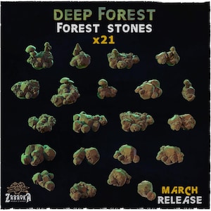 Pode incluir: Uma coleção de 21 miniaturas de pedras castanhas texturizadas rotuladas como Deep Forest Forest Stones. Algumas pedras apresentam pequenos cogumelos no topo. A imagem inclui o texto Deep Forest, Forest Stones, x21, March Release e ZABAVKA WORKSHOP.