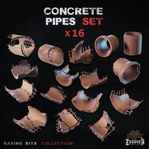 May include: A collection of 16 concrete pipes in shades of brown, some damaged. The image includes the text "CONCRETE PIPES SET" and "X16". The words "BASING BITS COLLECTION" are at the bottom of the image.