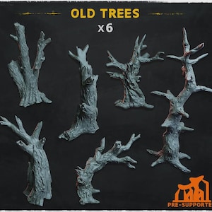 May include: A set of six gray resin miniature trees with textured bark and gnarled branches. The image features the text OLD TREES x 6 at the top and PRE-SUPPORTED at the bottom right corner. These figures are designed for tabletop gaming displays.