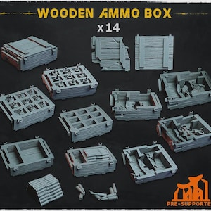 May include: A collection of 14 gray miniature wooden ammo boxes, some with lids and some open, featuring internal grid dividers, stacked ammunition, and loose bullet casings. The text WOODEN AMMO BOX and PRE-SUPPORTED is visible.