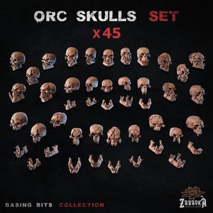 Peut inclure: Un ensemble de 45 crânes d'Orcs bruns, parfaits pour le modélisme. Les crânes varient en taille et en détail, certains étant endommagés. Le texte "ORC SKULLS SET x45" est affiché en haut. Les mots "BASING BITS COLLECTION" sont en bas.