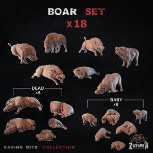 Könnte beinhalten: Eine Sammlung von 18 Wildschweinfiguren in verschiedenen Posen, darunter stehende, liegende und Baby-Wildschweine. Der Text "BOAR SET x18" ist oben abgebildet. Die Figuren sind hellbraun und Teil der "BASING BITS COLLECTION".