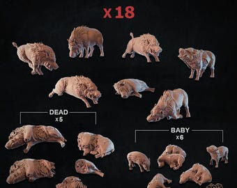 18 Wildschweine & Ferkel als Basisteile | 28 mm 32 mm Tabletop-Gelände, Miniatur-Diorama-Szenerie, Dekoration, tote Waldtiere | Zabavka Workshop