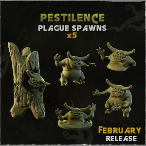 Könnte beinhalten: Ein Bild mit fünf Plague Spawns-Miniaturen, mit dem Text "PESTILENCE PLAGUE SPAWNS x5" oben. Die Miniaturen sind hellgrün, mit Hörnern und bedrohlichen Ausdrücken. Der Text "FEBRUARY RELEASE" befindet sich unten.