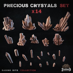 May include: A set of 14 brown crystal formations in various shapes and sizes, including clusters and individual points. The text "PRECIOUS CRYSTALS SET x14" is at the top. The words "BASING BITS COLLECTION" are at the bottom.