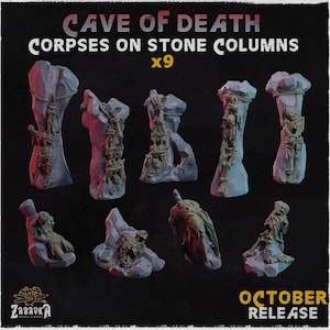 Peut inclure: Ensemble de neuf colonnes miniatures en pierre grise, chacune avec un design unique de squelettes et de cadavres. Des cordes ornent les colonnes. Le texte "CAVE OF DEATH" et "CORPSES ON STONE COLUMNS" est visible. Sortie d'octobre.