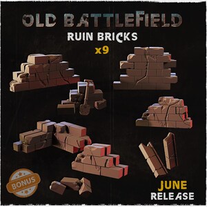 May include: A collection of brown ruin bricks, with red accents, arranged in various configurations. The text "OLD BATTLEFIELD RUIN BRICKS x9" is at the top, with "JUNE RELEASE" at the bottom. A bonus sticker is in the lower left.