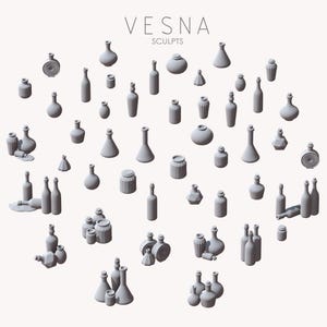 Peut inclure: Une collection de vases et de bouteilles en céramique grise de différentes formes et tailles. L'image comprend des bouteilles à cols longs, à corps ronds et avec des éléments décoratifs. Le texte "VESNA SCULPTS" est en haut.