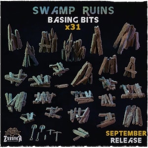 May include: A collection of 31 miniature swamp ruins basing bits featuring weathered wooden planks, stakes, and small tools. The text reads SWAMP RUINS BASING BITS x31, SEPTEMBER RELEASE, and ZABAVKA WORKSHOP. The pieces are brown and textured.