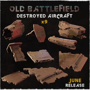 Peut inclure: Neuf modèles réduits d'avions détruits, de formes et de tailles variées, dans des tons marron et rouge. Le texte "OLD BATTLEFIELD DESTROYED AIRCRAFT x9" est en haut et "JUNE RELEASE" en bas.