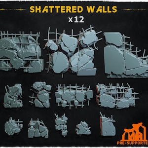 May include: A collection of twelve gray, pre-supported, shattered wall pieces for tabletop gaming. The pieces feature broken concrete and exposed rebar, with the text "SHATTERED WALLS x12" in yellow.