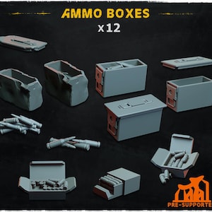 May include: A collection of twelve gray 3D printed miniature ammo boxes and loose cartridges. The set includes various rectangular containers, some open with visible ammunition, others closed with lids, and piles of individual bullet models.