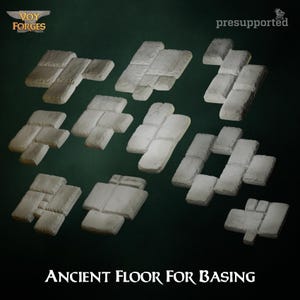 May include: A collection of pre-supported, ancient-style floor tiles in various shapes and arrangements. The tiles are a light gray color, with visible texture and detailing. The text "ANCIENT FLOOR FOR BASING" is displayed at the bottom of the image.